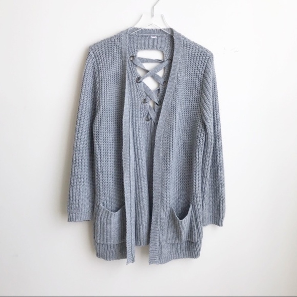 Gray Knitted Lace Back Cardigan